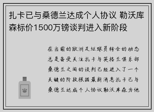 扎卡已与桑德兰达成个人协议 勒沃库森标价1500万镑谈判进入新阶段