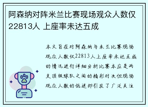 阿森纳对阵米兰比赛现场观众人数仅22813人 上座率未达五成